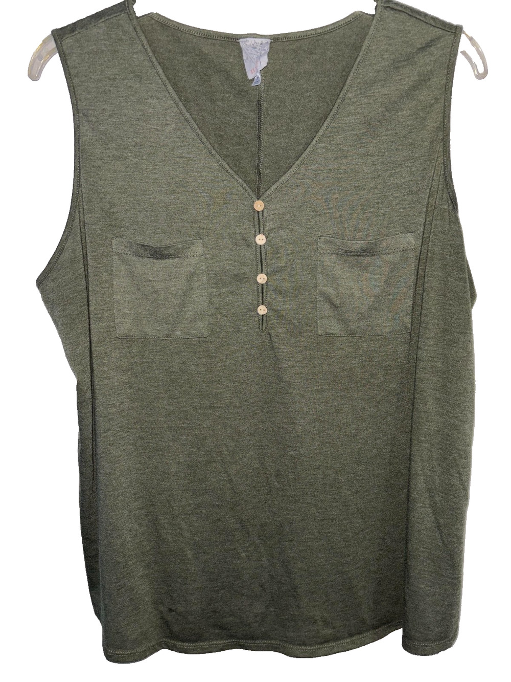Natural Reflections Top Womens 3X Olive Green Henley Wood Button Tank Shell